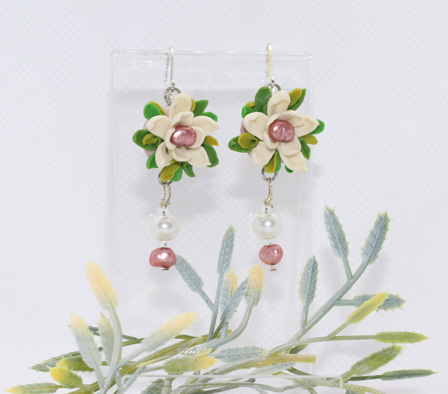 Cream and Pink Floral Pearl Earrings