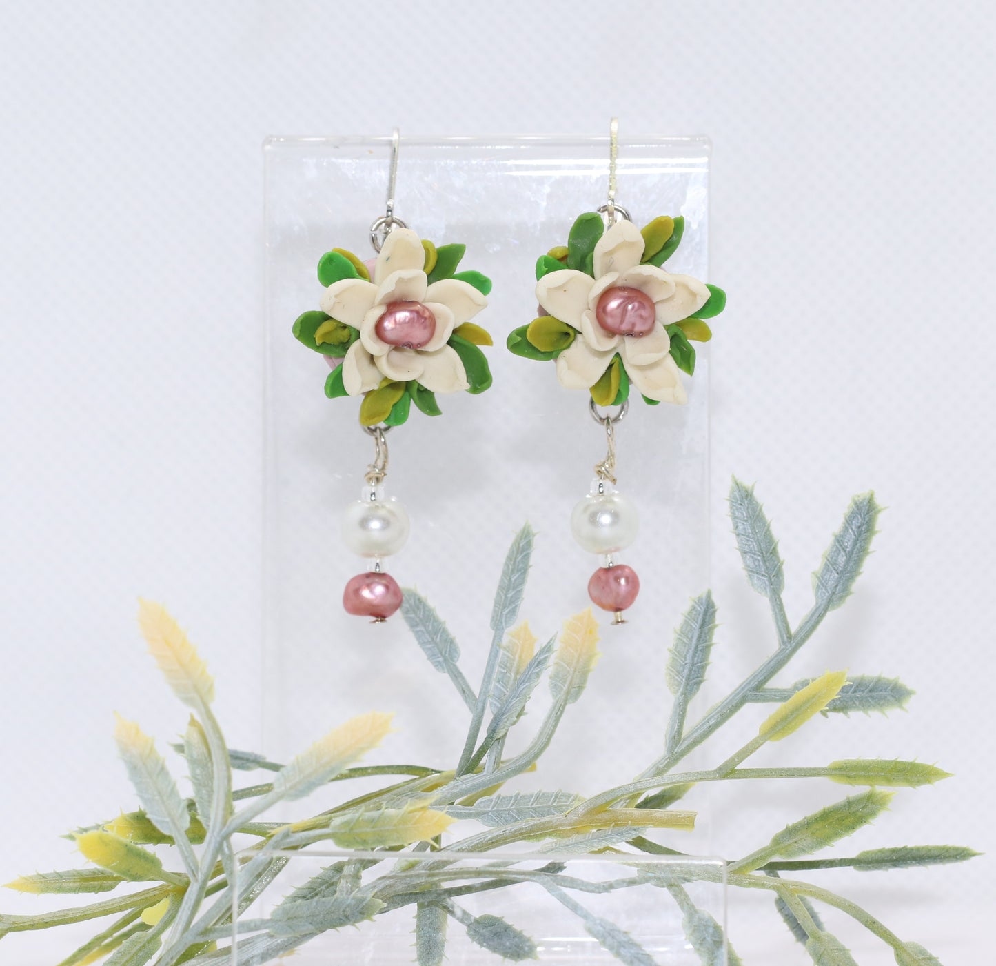Cream and Pink Floral Pearl Earrings