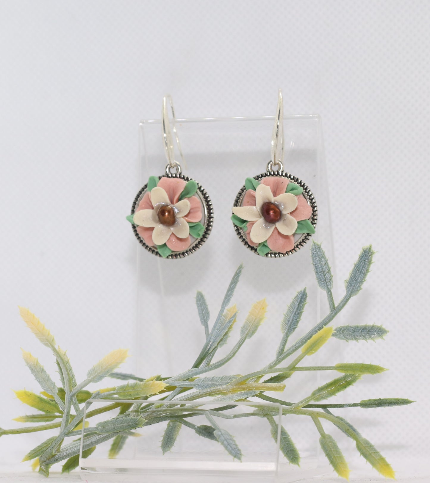 Cream and Pink Floral Earrings